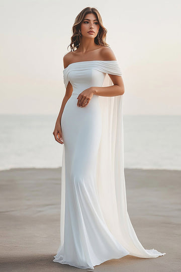 Sirène blanche à épaules dénudées cape longue en mousseline de soie robe de graduation